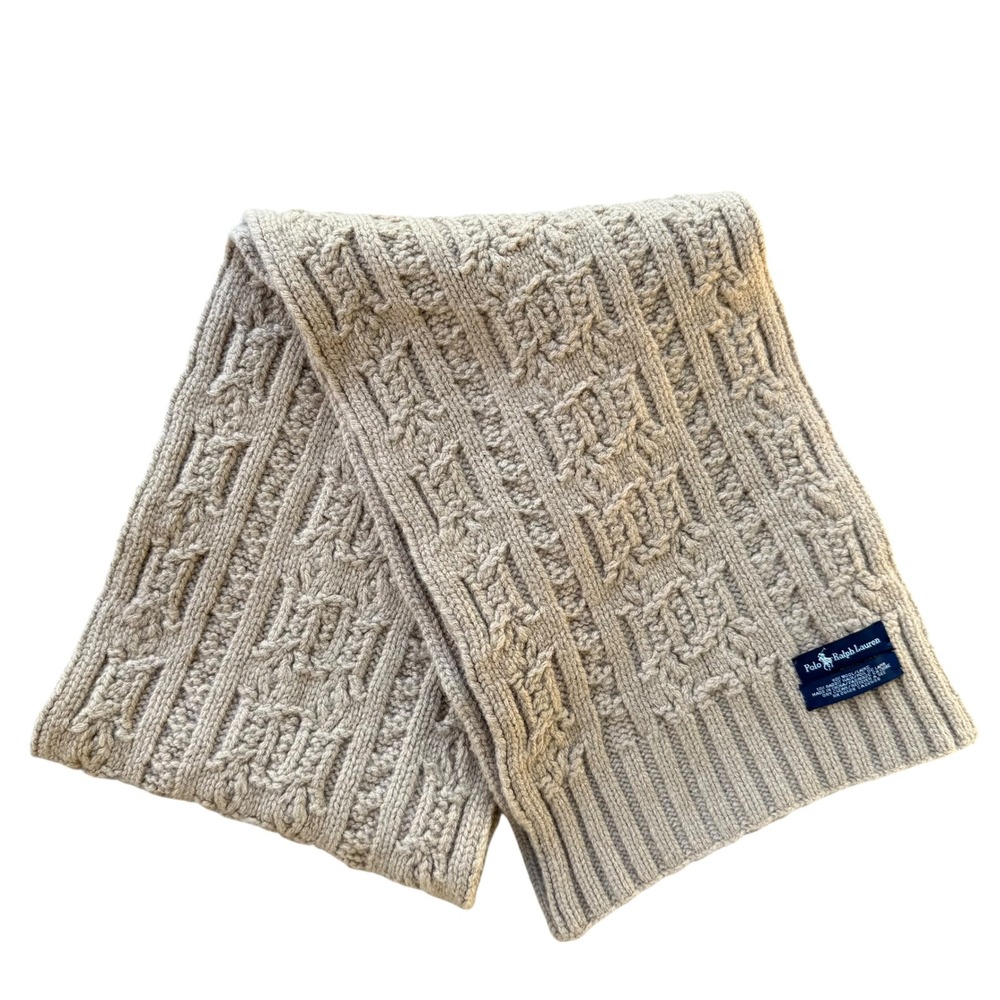 Polo Ralph Lauren Wool Rabbit Hair Cable Knit‎ Scarf Oatmeal Beige Chunky Winter